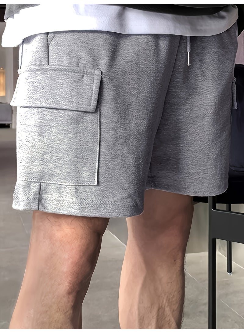 شورت رجالي رمادي اللون، متعدد الجيوب، برباط، فضفاض، مناسب للصيف - Image 3